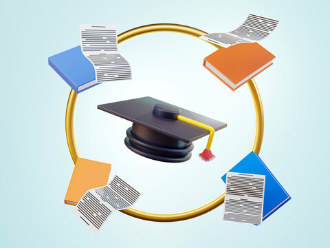 Graduation cap isolate blue background, Education concept - 3d render illustration
