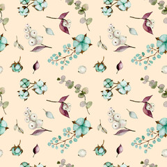 Watercolor eucalyptus branches and cotton flowers seamless pattern. Hand painted floral texture with plant objects on white background. Natural wallpaper - 430006936