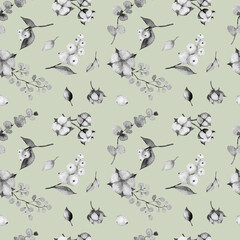 Watercolor eucalyptus branches and cotton flowers seamless pattern. Hand painted floral texture with plant objects on white background. Natural wallpaper - 430006975