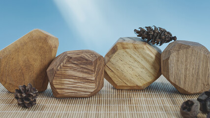 Wooden irregular blocks of different wood types next to each other. Four wooden stone toy blocks.