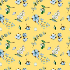 Watercolor eucalyptus branches and cotton flowers seamless pattern. Hand painted floral texture with plant objects on white background. Natural wallpaper - 430007131