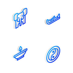 Set Isometric line Indian shoes, Elephant, Aroma lamp and Yin Yang icon. Vector