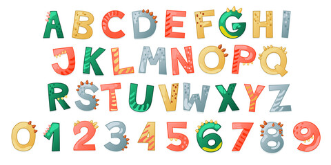 Cartoon cute Dinosaur alphabet. Dino font with letters and numbers. Children Vector illustration for t-shirts, cards, posters, birthday party events, paper design, kids and nursery design