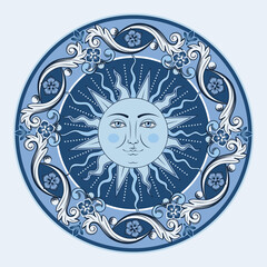 Colorful ethnic round ornamental mandala. Sun with human face. Vector illustration