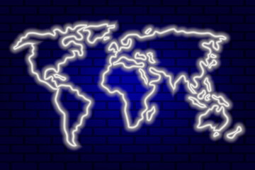 Naklejka premium Glowing neon white world map on brick wall background