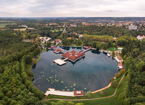 Aerial panoramic drone photo of the famous hot lake therapeutic wellness bath in Heviz in Hungary