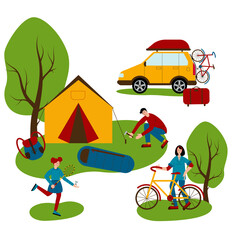 Travel by car, tourist vacation. Camping. Mom is going to ride a bike, Dad is pitching a tent, the girl is playing badminton. Family hobby. Flat style Vector Illustration isolated on white Background.