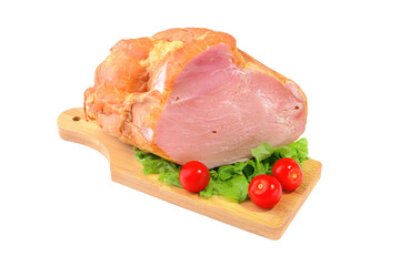 Smoked meat in a large piece on top with cherry tomatoes. Isolated on a white background.clipping path.