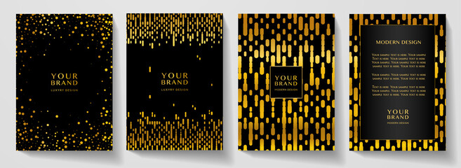 Modern black cover design set. Luxury dynamic gold dots and line pattern. Creative premium stripe vector background for business catalog, brochure cover template, notebook, invite