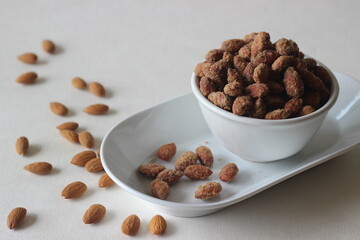 Candied almonds that are crunchy and golden brown.