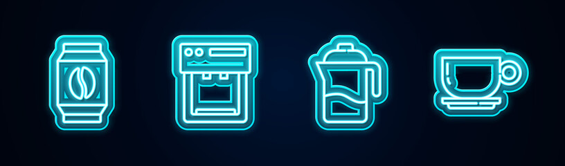 Set line Bag of coffee beans, Coffee machine, French press and cup. Glowing neon icon. Vector