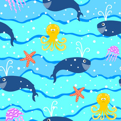 Cartoon Pattern Sea Animal - Whale Octopus Starfish Jellyfish. Vector	