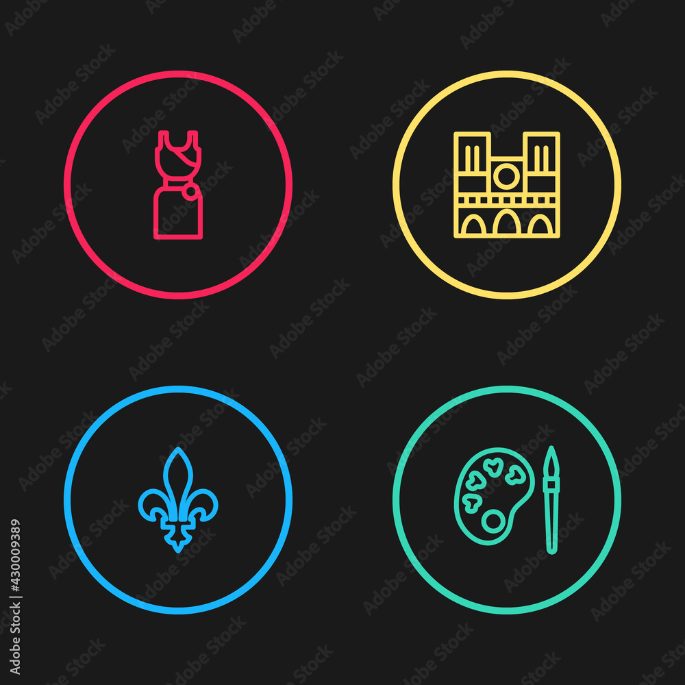 Sticker Set line Fleur De Lys, Paint brush with palette, Notre Dame and Woman dress icon. Vector