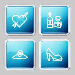 Set line Amour with heart and arrow, Wine bottle cheese, Elegant women hat and Woman shoe icon. Vector