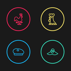Set line French beret, Elegant women hat, rooster and Rooster weather vane icon. Vector