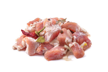 Raw pieces of pork shish kebab in marinade with pepper, onion,bay leaf, ready to cook, barbecue...