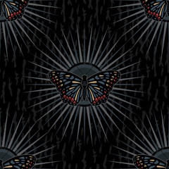 Dark Goth Black Butterfly and Sun rays Pattern - 430009984