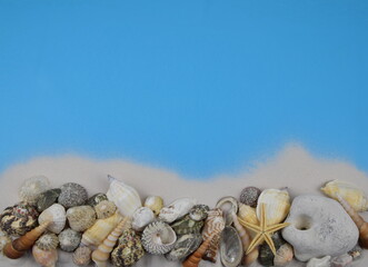Obraz na płótnie Canvas various seashells and stones on sand