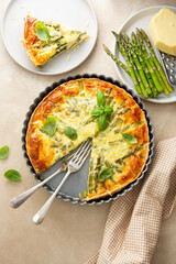 Asparagus tart, vegan quiche homemade pastry, healthy food.
