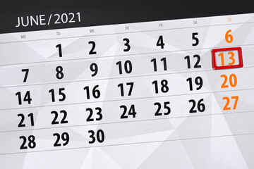 Calendar planner for the month june 2021, deadline day, 13, sunday