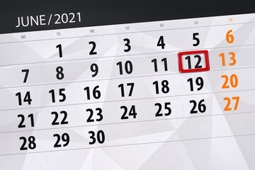 Obraz premium Calendar planner for the month june 2021, deadline day, 12, saturday
