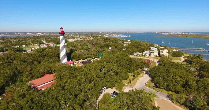 St. Augustine Lighthouse aerial view. This light is a National Historic Landmark on Anastasia Island in St. Augustine, Florida FL, USA.
