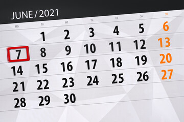Obraz premium Calendar planner for the month june 2021, deadline day, 7, monday