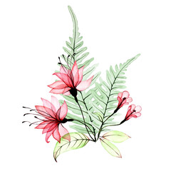 composition with watercolor transparent tropical flowers and fern leaves. pink flowers and green leaves isolated on white background. bouquet, clipart