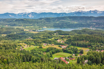 Fototapeta na wymiar Aerial view to surroundings of Worthersee lake in Austria, summertime travel destination