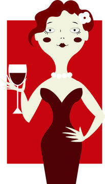 retro girl or woman with wineglass vector illustration. International Wine Day. Flat design