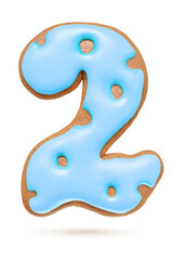 Number 2 blue gingerbread biscuit isolated on white.