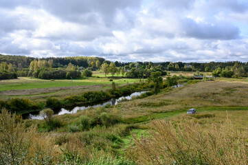 View of the village and the Sishka river, Kokoshkino, Rzhev district, Tver region, Russian Federation, September 19, 2020
