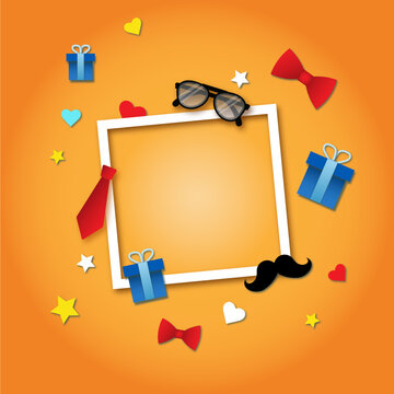 white frame on orange background with space for text, congratulations to men on the occasion of birthday, Father's Day and others. On the orange background stars, hearts, moustaches, glasses and more.