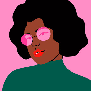 Beautiful black Woman in pink round sunglasses looking at camera. Closeup fashion portrait of cute young lady. Hand drawn Vector illustration. Template for card, poster, banner, t-shirt print