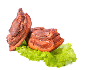 Pork fat.A piece of homemade boiled brisket with meat layers is isolated on a white background.