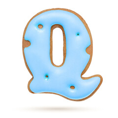 Capital letter Q. Blue gingerbread biscuit isolated on white.