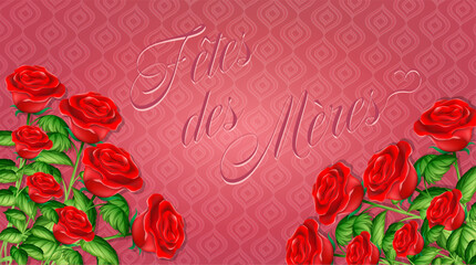 carte ou bandeau sur la Fête des Mères en rose avec en bas de chaque côté deux bouquets de roses rouge sur un fond rose avec des losanges rose plus clair