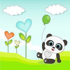 Kids vector background. Cute cartoon panda with balloon. Perfect for cards, party invitations, posters, stickers, clothing.
