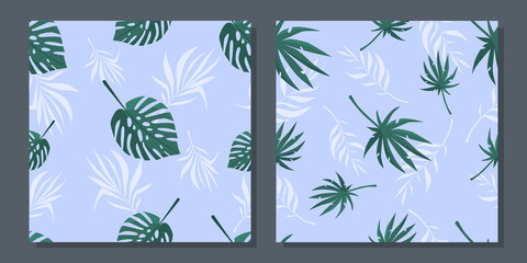 Set of summer seamless patterns with tropical leaves. Vector illustration.