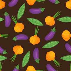 Seamless pattern with hand drawn colorful vegetables. Sketch style vector set. Vegetables flat icons set egglant, onion, peas.