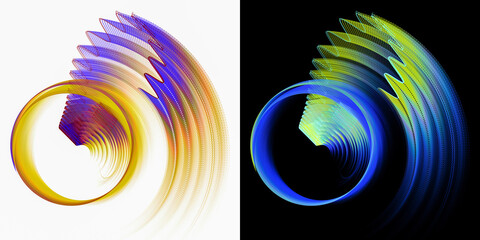 Yellow and blue striped waves radiate from circles on white and black backgrounds. Graphic design elements set. Logo, sign, icon, symbol. 3d rendering. 3d illustration.