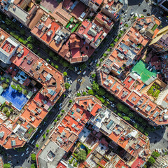 Barcelona top down view of typical urban grid in Eixample district, Spain