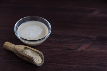 Dry instant yeast in a wooden spoon and a cup with activated yeast