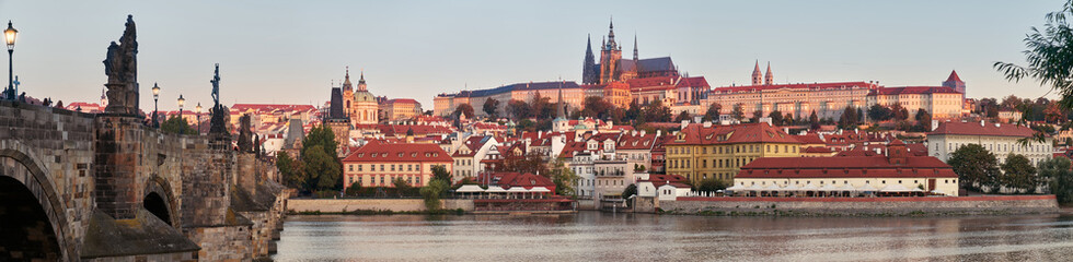 Banner, Prague riverside, Charles Bridge and castle at dawn. Romantic Prague at dawn. Vltava...
