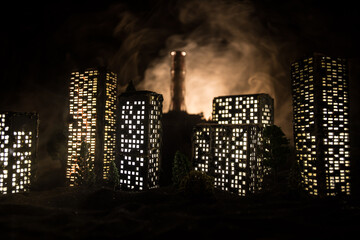 Creative artwork decoration. Chernobyl nuclear power plant at night. Layout of abandoned Chernobyl...