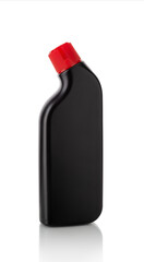 Toilet cleaner bottle with red cap isolated on white background. Unlabeled black plastic container for liquid bleach disinfectant and household chemicals design. Cleaning chores mockup template.