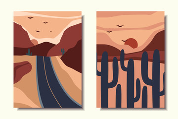 Landscape posters set. Sunset, cactus, road, mountains. Vector illustration.