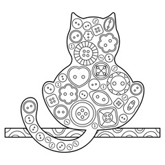 Cat. Coloring book for adults and older children. Decorative cat. Hand-drawn vector illustrations decorated with decorative buttons for sewing.