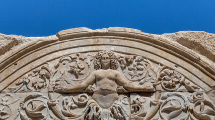 Marble reliefs in Ephesus historical ancient city, in Selcuk, Izmir, Turkey. Hadrian Temple and...