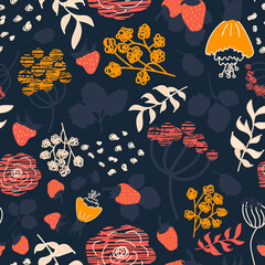 Strawberry seamless pattern. Abstract berries, branches, leaves and flowers. Vector dark blue background. Perfect for printing on the fabric, design package and cover.
